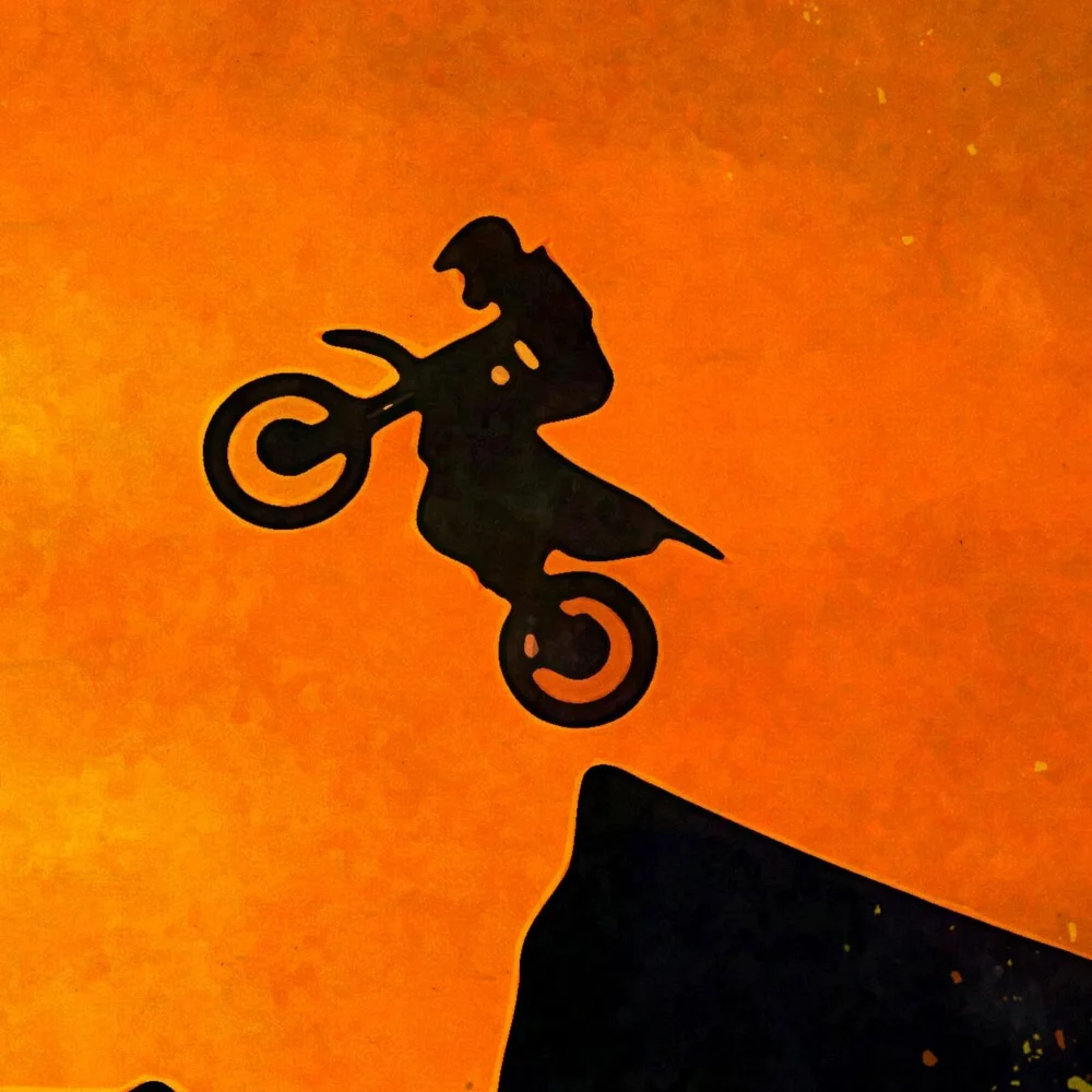 two motocross riders jumping a ramp silhouette abstract figurative