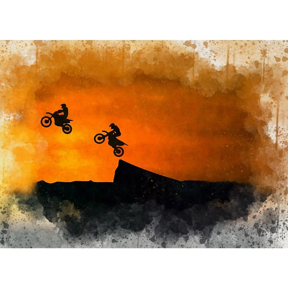two motocross riders jumping a ramp silhouette abstract figurative print