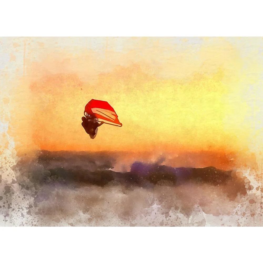 windsurfer jumping a high wave at sunset abstract figurative print