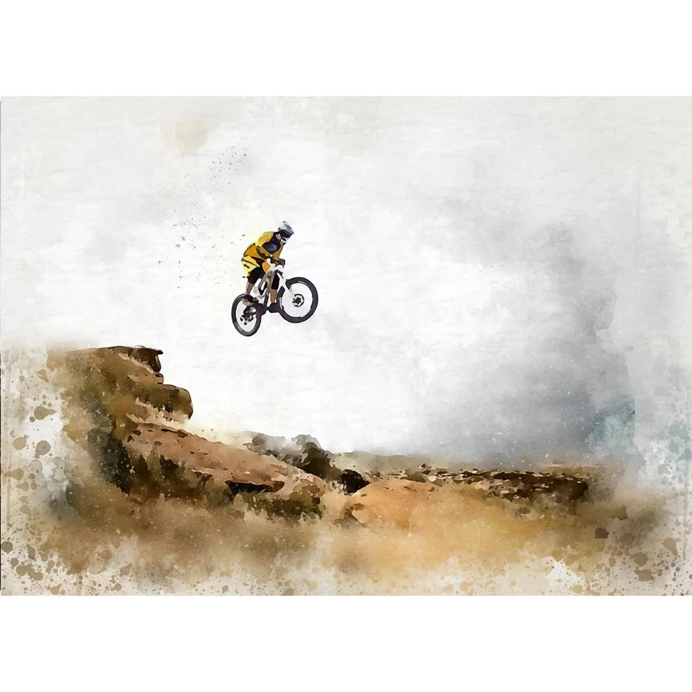 mountain biker making a high jump abstract figurative print