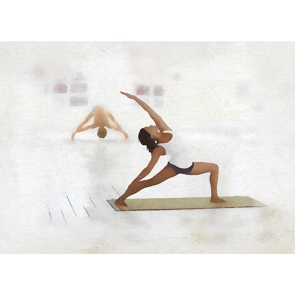 two women performing yoga exercises abstract figurative print