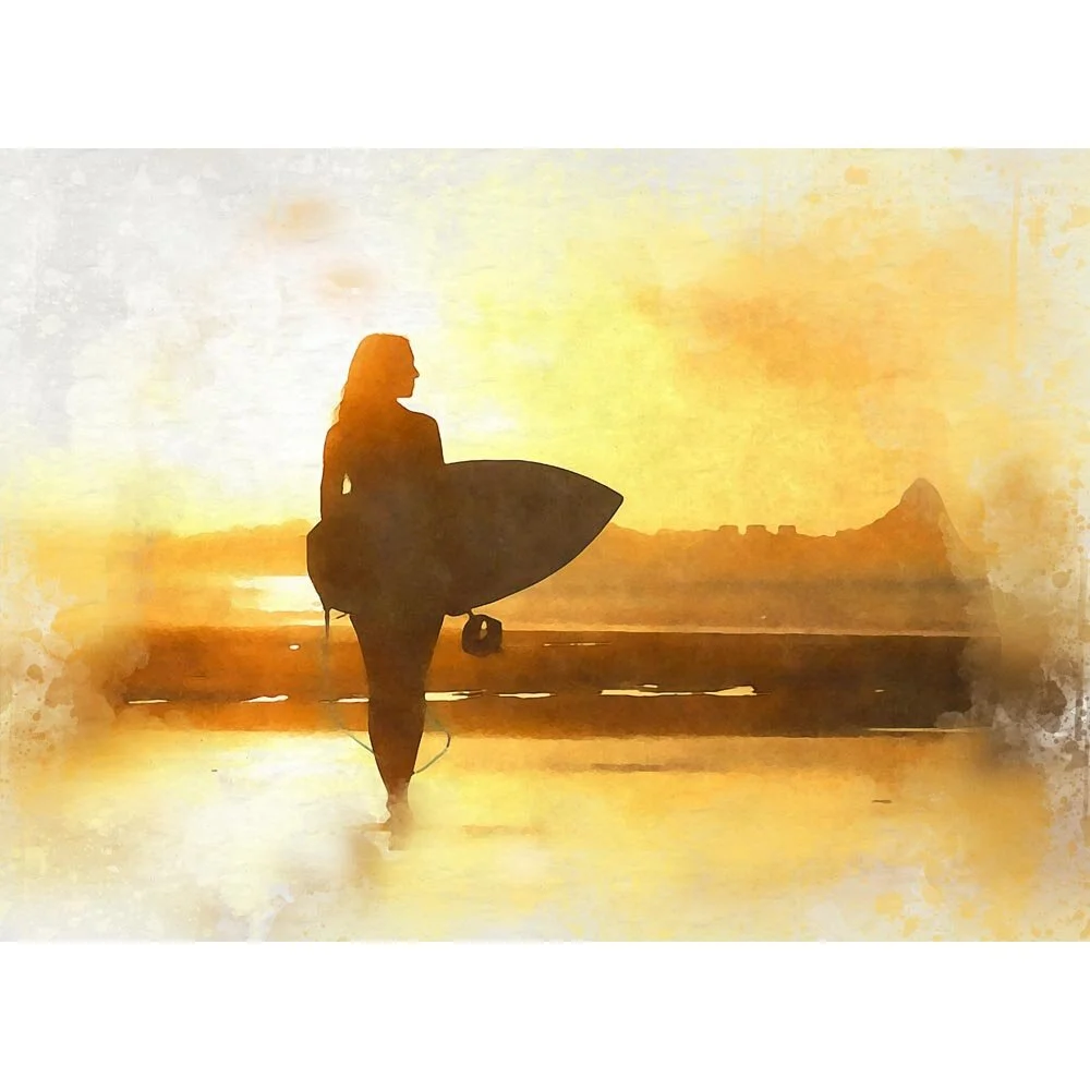 female surfer walking on the beach at sunset abstract figurative print