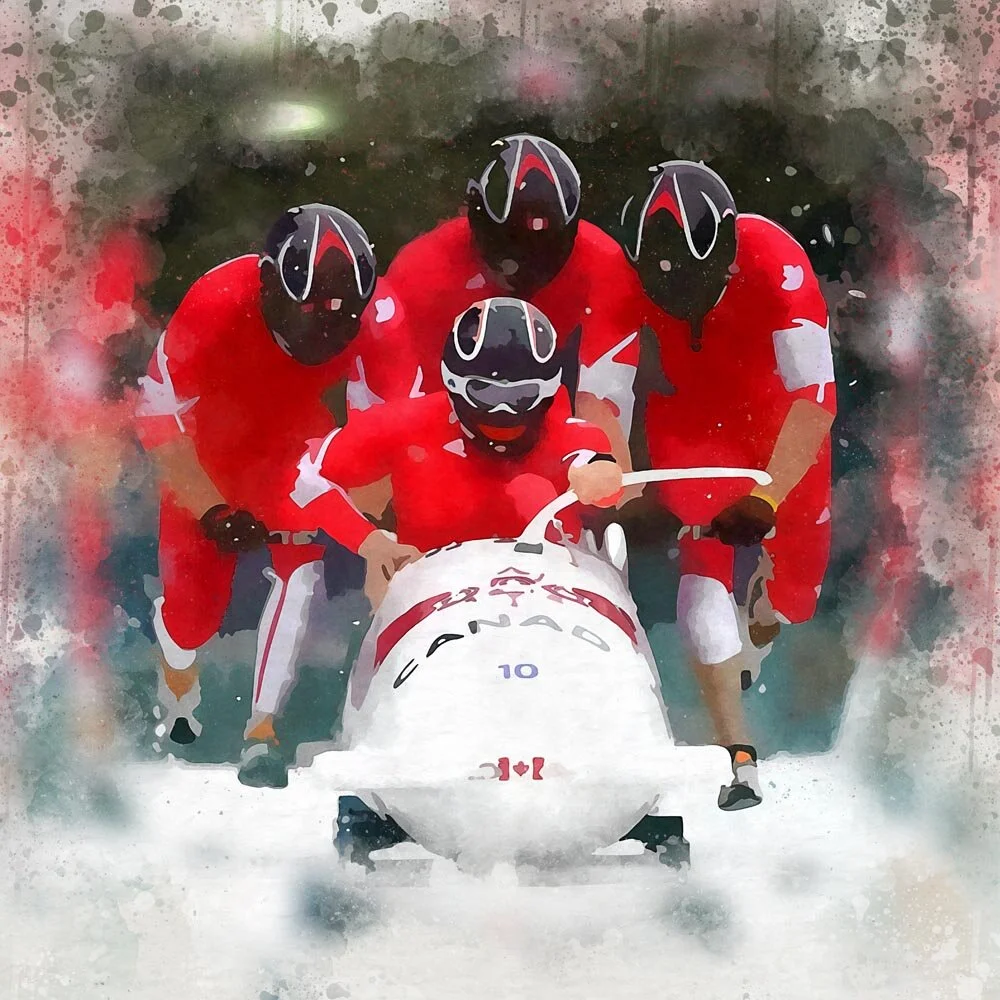canadian bobsled team at the start abstract figurative painting print
