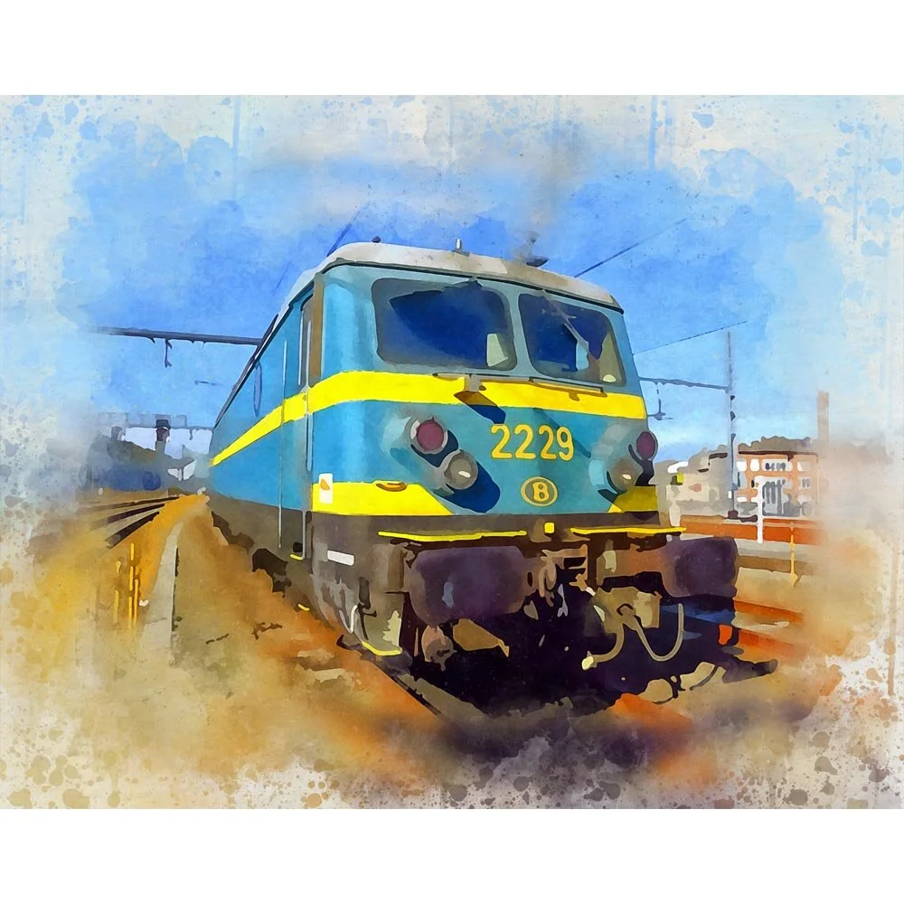 trainyard diesel engine rails locomotive abstract figurative print