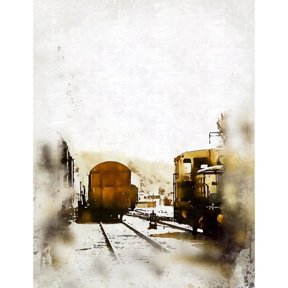 trainyard with locomotive and wagons monochrome abstract figurative print