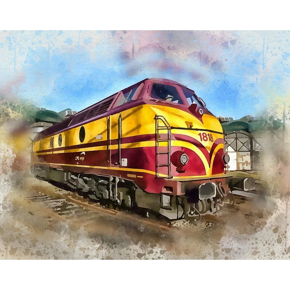 diesel locomotive in a trainyard abstract figurative print