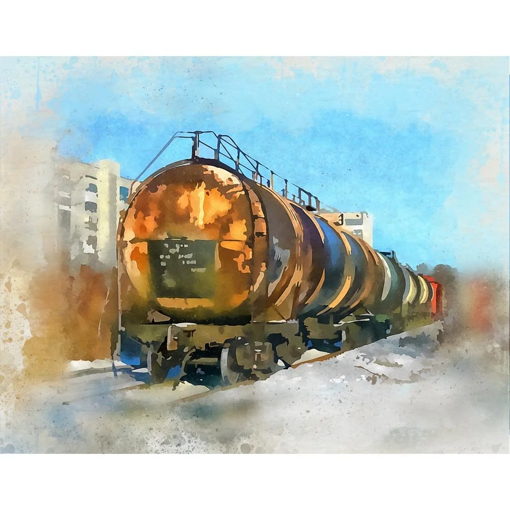 trainyard with old tank wagons abstract figurative print