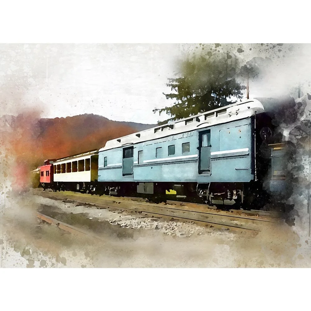 red diesel locomotive with wagons abstract figurative print