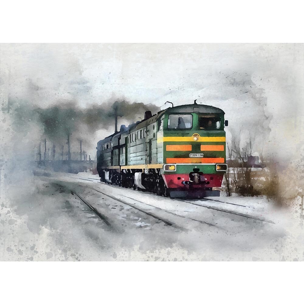 diesel locomotive riding without wagons abstract figurative print