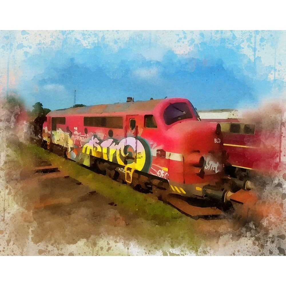 old diesel locomotive with grafitti in trainyard abstract figurative print
