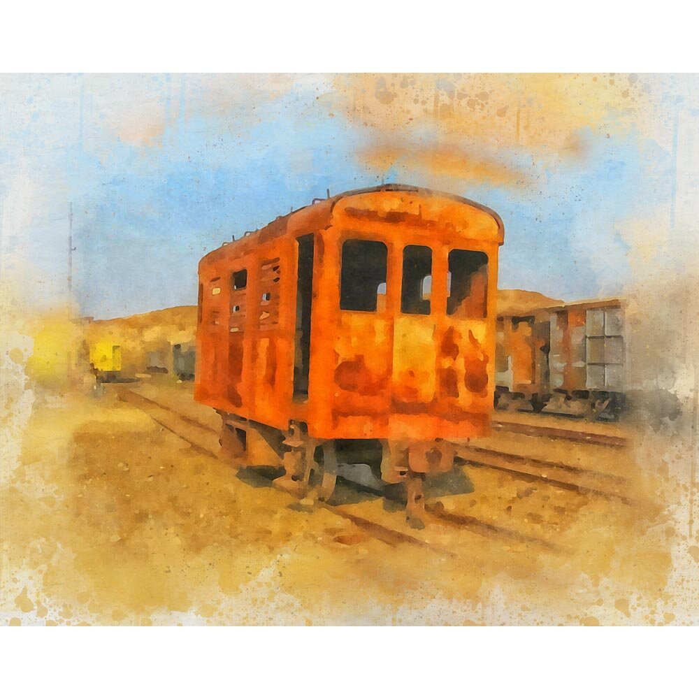 trainyard with old rusty wagon abstract figurative print