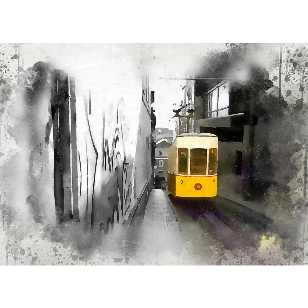 oldtimer tram in narrow street abstract figurative print
