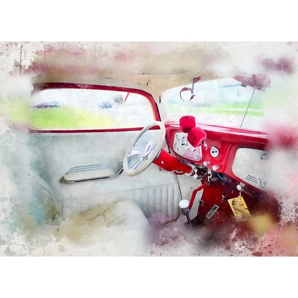 interior of red vintage oldtimer  with dice at mirror abstract figurative print