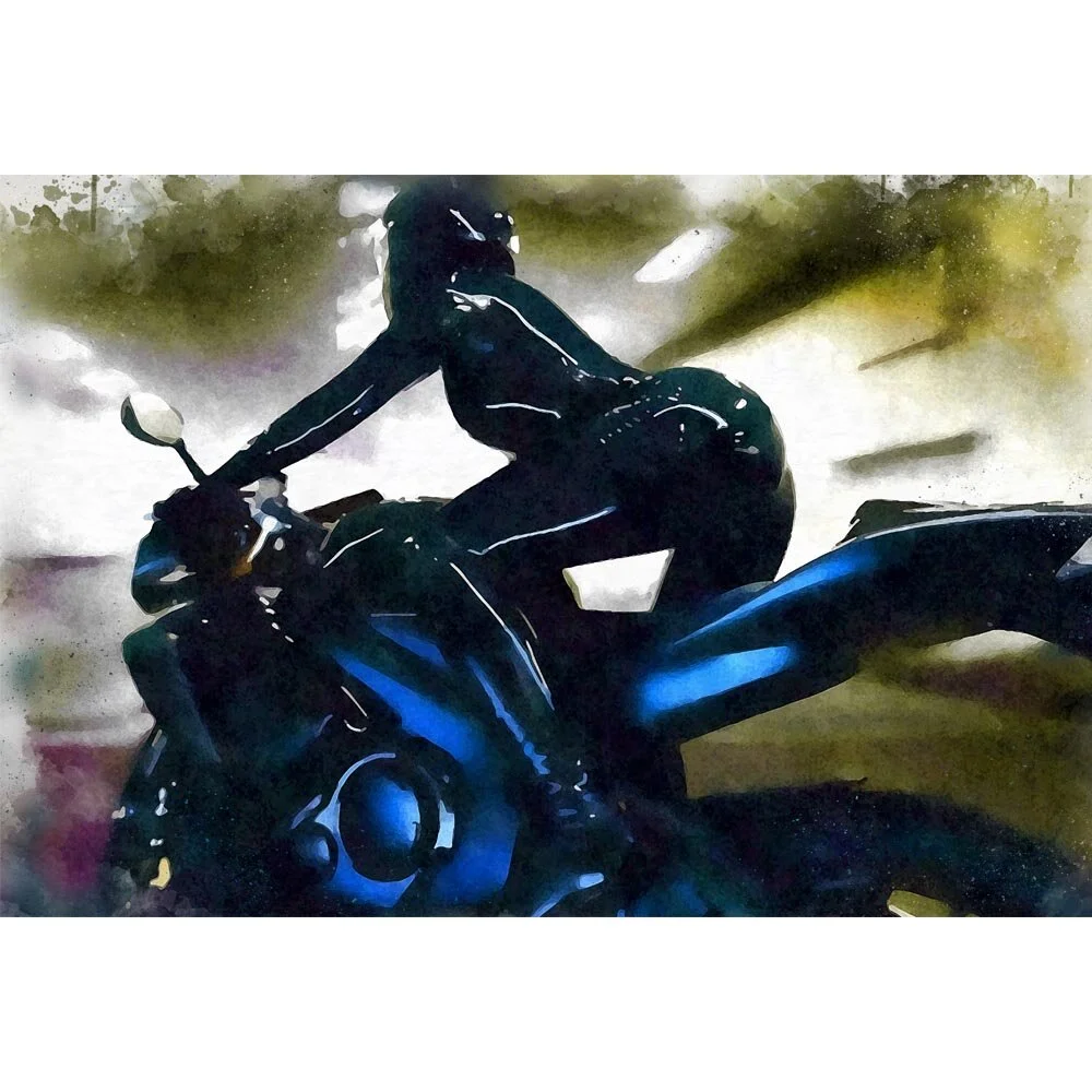 woman on a fast bike in a tunnel abstract figurative print