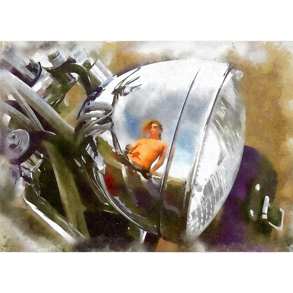 reflection of topless woman in bike headlight abstract figurative print