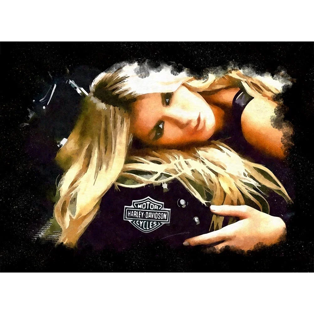 blonde woman leaning on harley davidson tank abstract figurative print