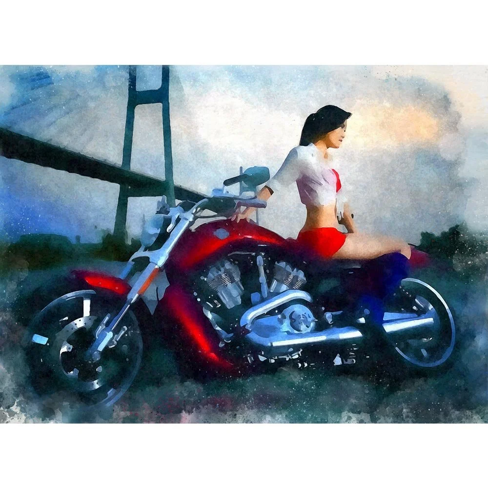 asian woman on harley golden gate bridge abstract figurative print