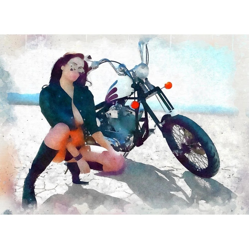 woman with her bike in the desert abstract figurative print