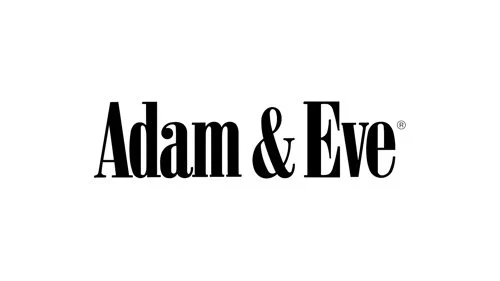 Adam & Eve logo in black text on a white background.