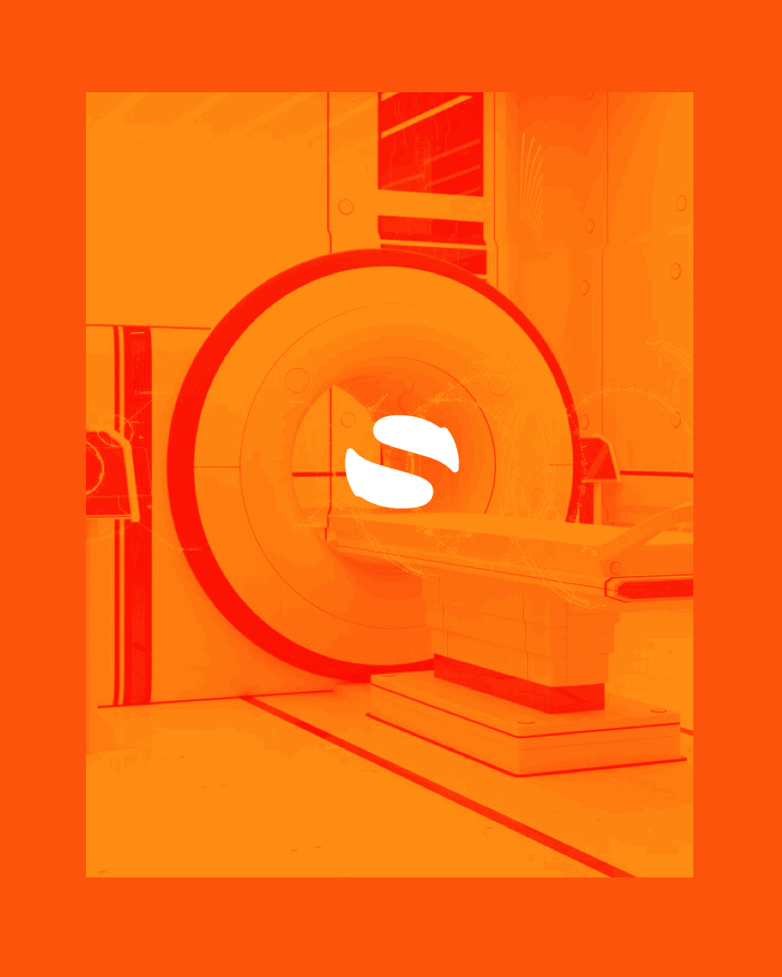 Illustration of an MRI machine in orange hues.
