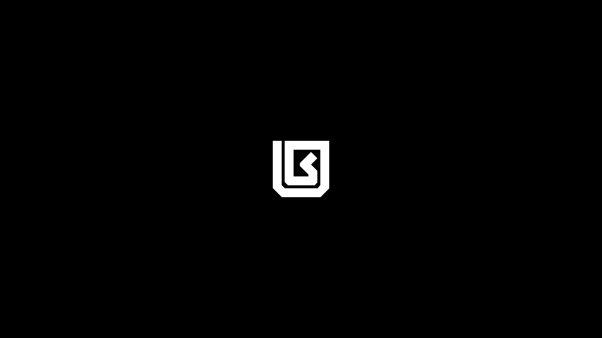 White geometric logo on black background