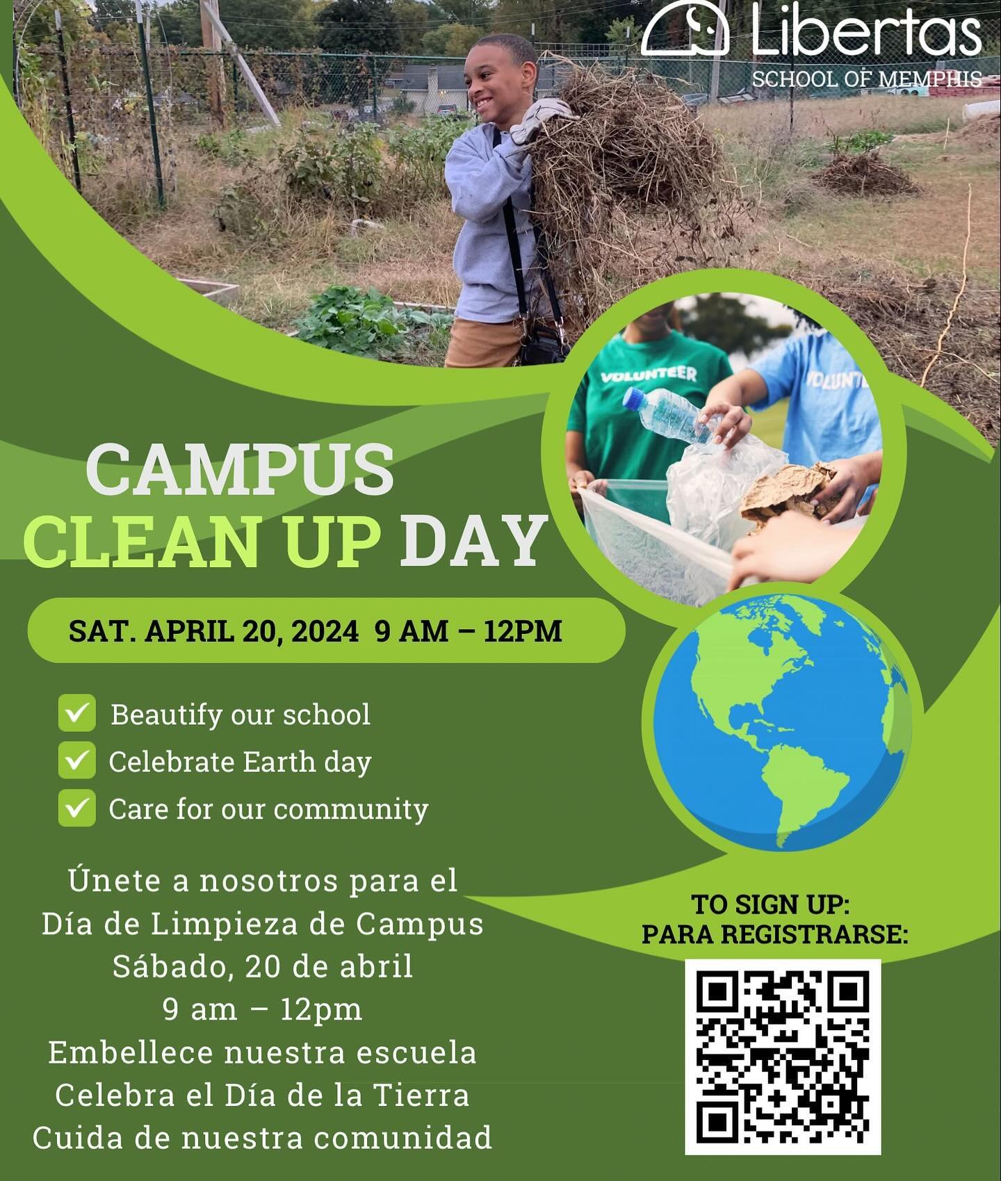 Join us for our Campus Clean-up on Saturday, April 20th, from 9:00 a.m. to 12 p.m. Help us beautify our school and care for our community while we celebrate Earth Day. #ChooseLibertas #EarthDay