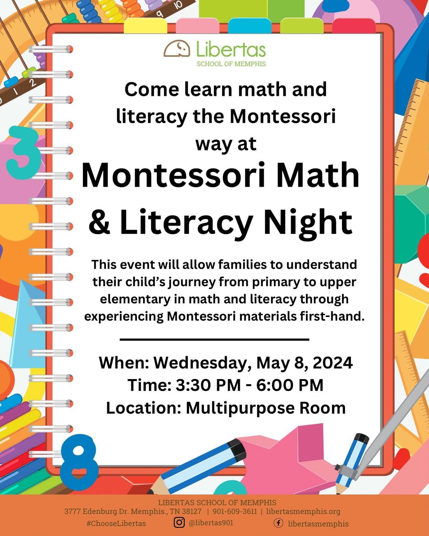Join us May 8th for our annual &ldquo;Math &amp; Montessori Night.&rdquo; Families will get to experience how to learn math &amp; literature the Montessori way. #ChooseLibertas