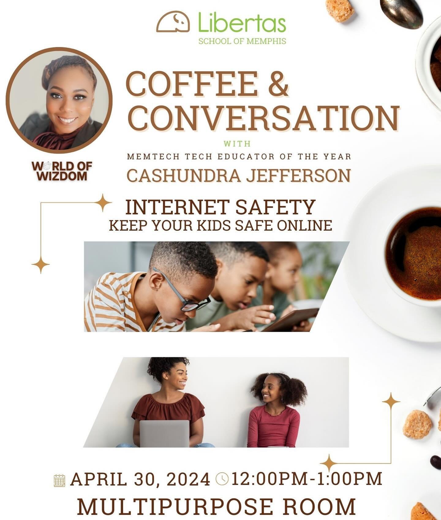 Join us today at 12 p.m. in the Multipurpose Room to discuss internet safety. Ms. Cashundra Jefferson will discuss how to keep students safe while browsing the internet. This event is in person only. See you there!
