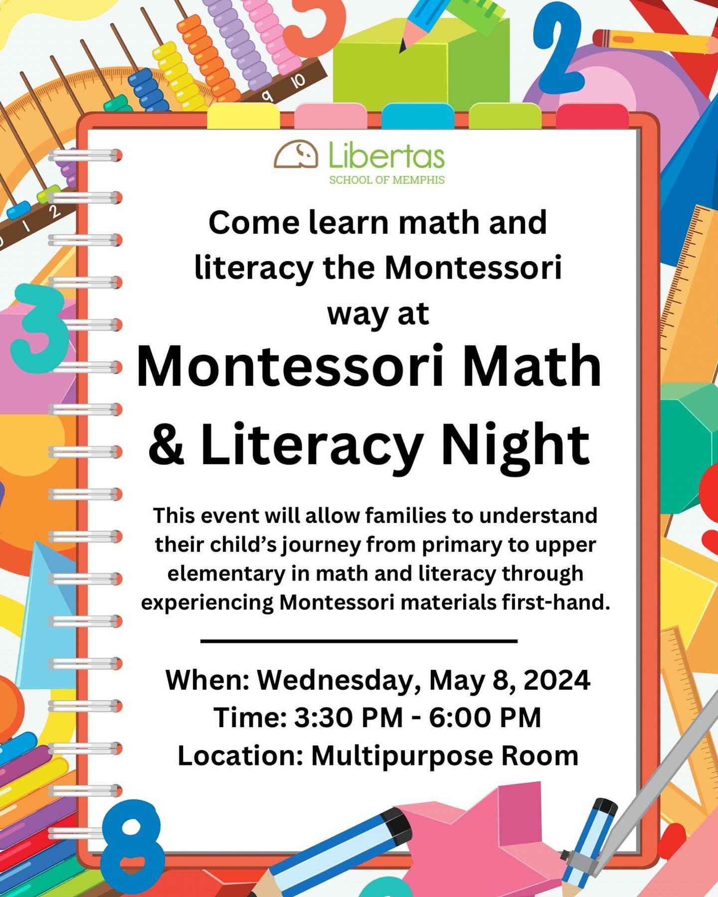 Join us tomorrow for Montessori Math &amp; Literacy Night.  3:30-6:00 pm