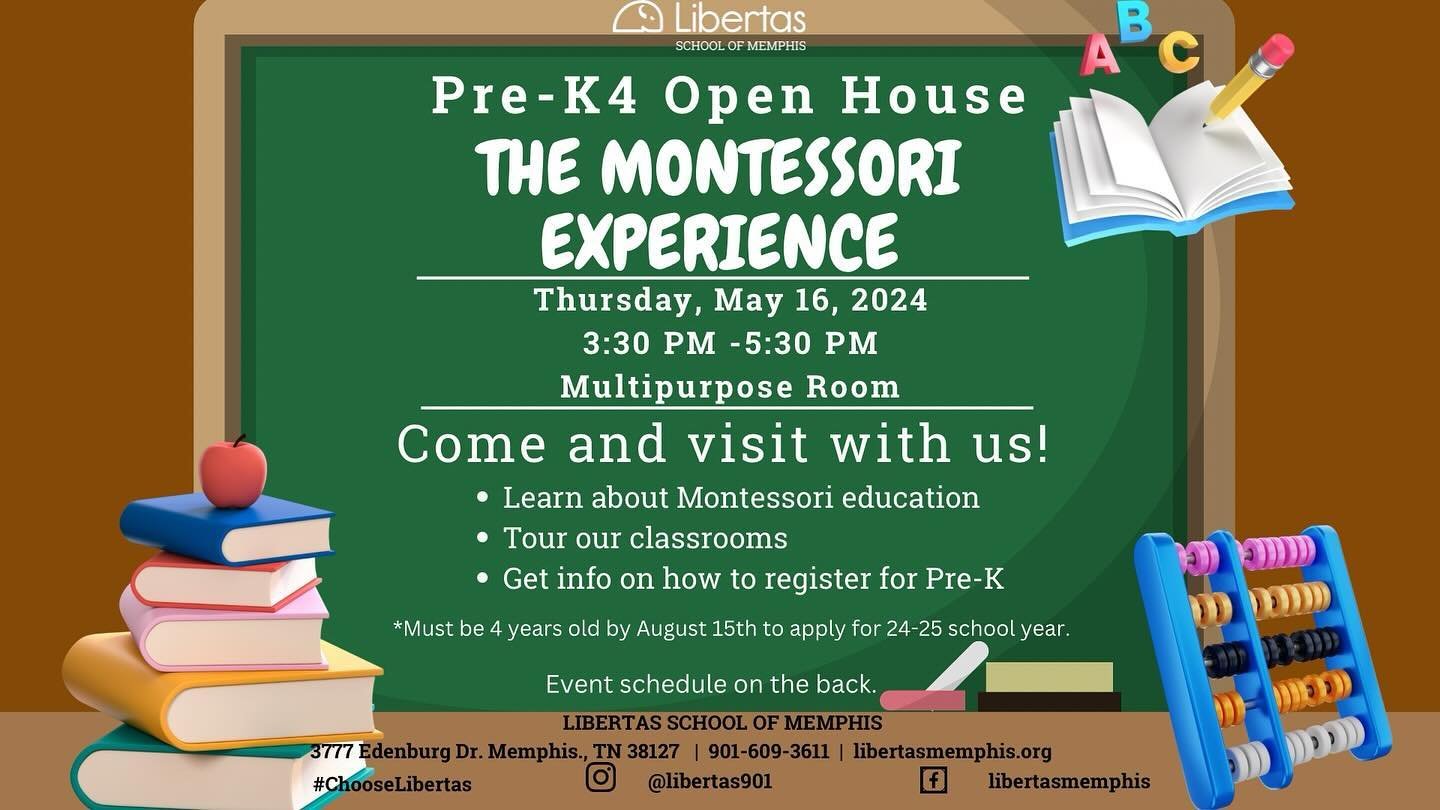Spread the word! Libertas will be having our annual Pre-K4 Open House. We are inviting all families interested with children that will be four years old by August 15th. During this time, families will get to learn more about Montessori education, tou