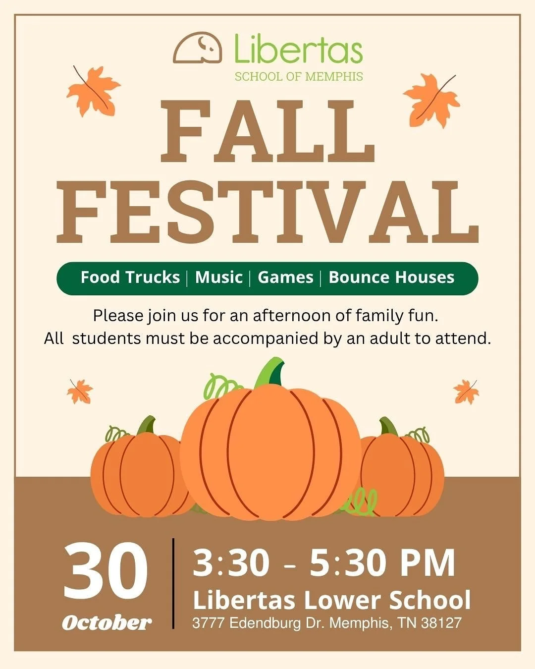 Join us at our Fall Festival tomorrow!

Enter through the green north parking lot gate!

All students must be accompanied by an adult!

#ChooseLibertas
#MontessoriSchool
#Frayser