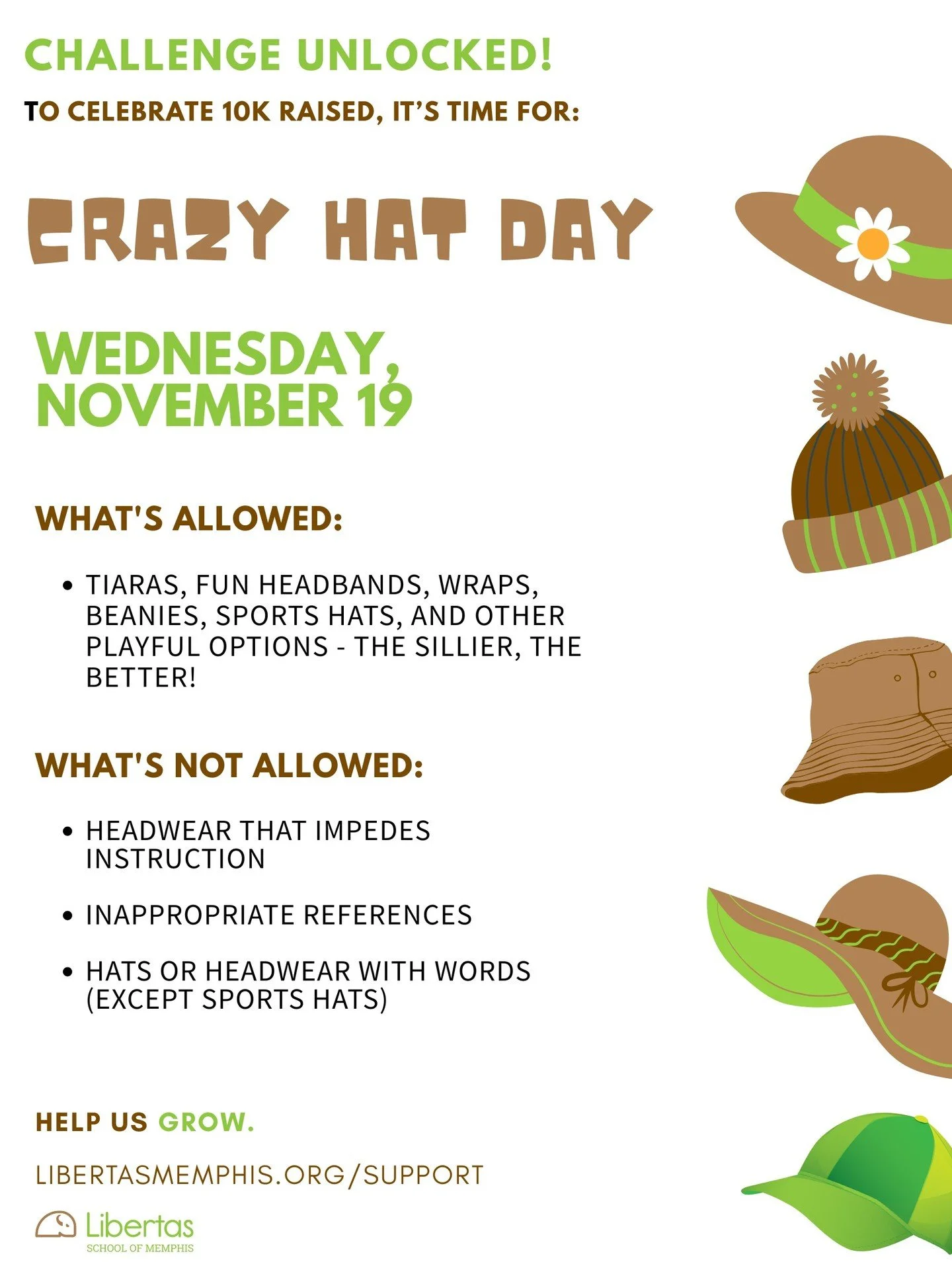 We've unlocked our first challenge in our $70K in 70 Days campaign!

Reaching $10K means&hellip;Crazy Hat Day! 🎉
Join us tomorrow, Nov 19!

 ✔️ What&rsquo;s Allowed:
Tiaras, fun headbands, wraps, beanies, sports hats, and other playful options &mdas