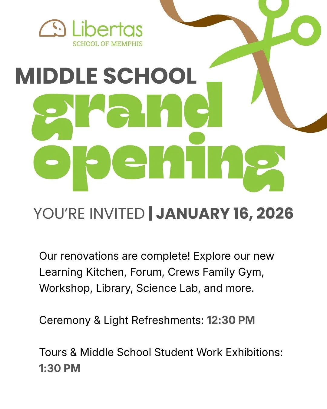 Today&rsquo;s the day! The Libertas Middle School Grand Opening begins at 12:30 PM, with tours starting at 1:30 PM. 🌱

Middle school families: student exhibitions will be on display beginning at 1:30 PM. Even if you&rsquo;re unable to attend the cer