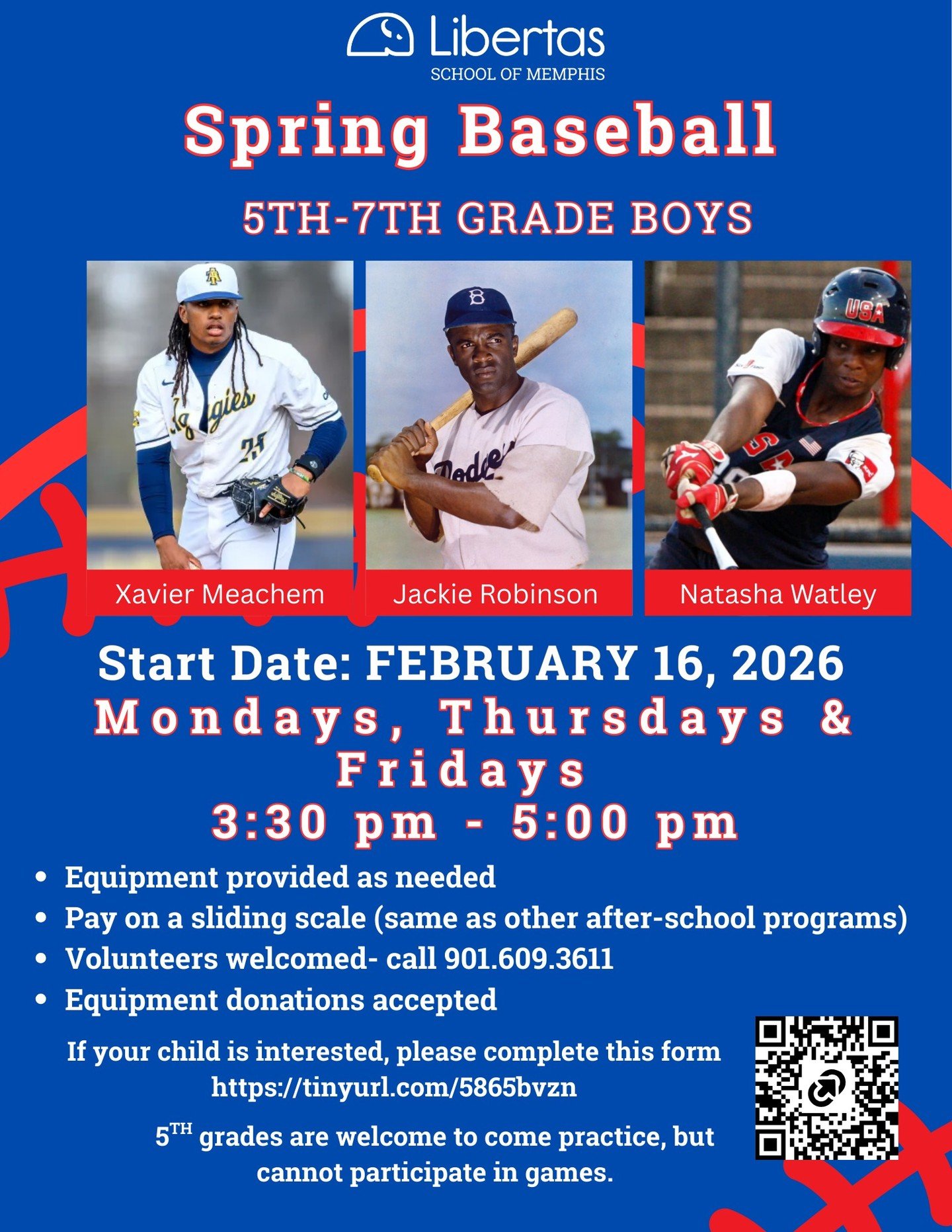 Spring baseball starts next week! ⚾ 

5th grade students are welcome to join for practices, but, due to league requirements, only 6th-8th can compete.

Scan the QR code or visit https://tinyurl.com/5865bvzn to register.