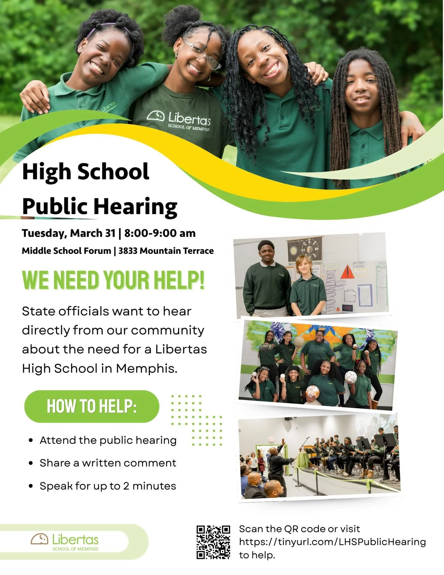 Please join us on Tuesday, March 31st from 8-9 AM at the Middle School Forum (3833 Mountain Terrace) for our High School Public Hearing. 

State officials want to hear directly from our community about the need for a Libertas High School. 

Families 