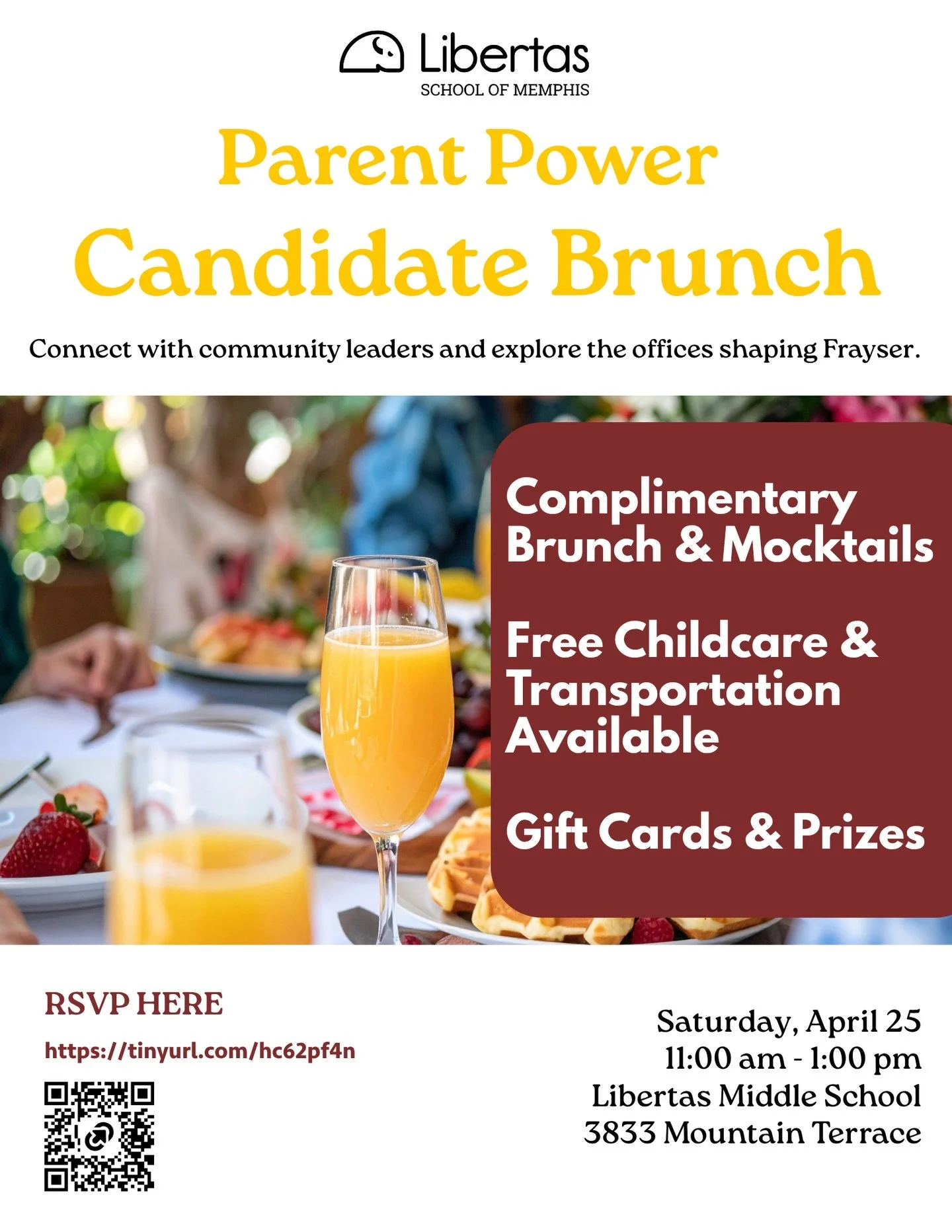 Join us for our Candidate Forum Brunch 🗳️✨
Free brunch, childcare, and a chance to win a $50 gift card! 
RSVP now: https://tinyurl.com/5n7wkf6t