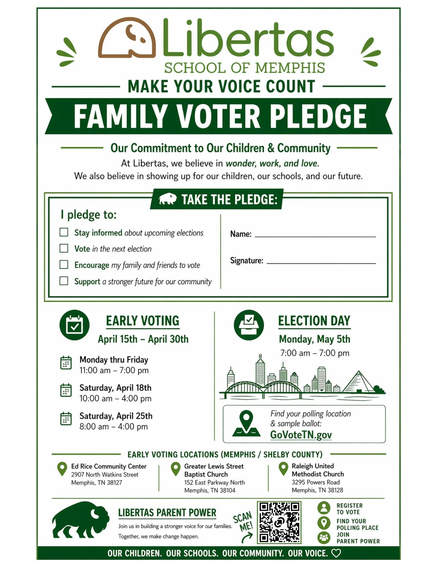 Right now, only 5% of people in our area vote in local elections, and we&rsquo;re working to triple that to 15%.

Families are already pledging to vote; join them! 

Early voting ends April 30 | Election Day: May 5

📍 electionsshelbytn.gov for more 