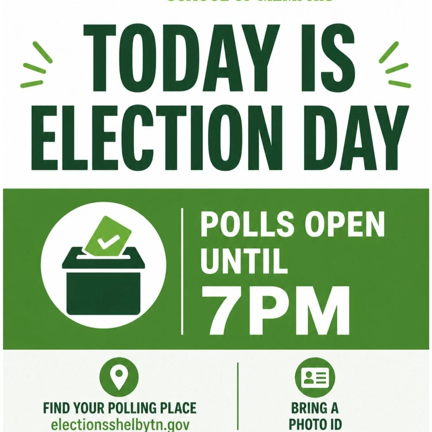 Today is Election Day for the primary. Polls are open right now through 7 p.m. Find your polling place at electionsshelbytn.gov. Bring a photo ID. Vote for our schools.
