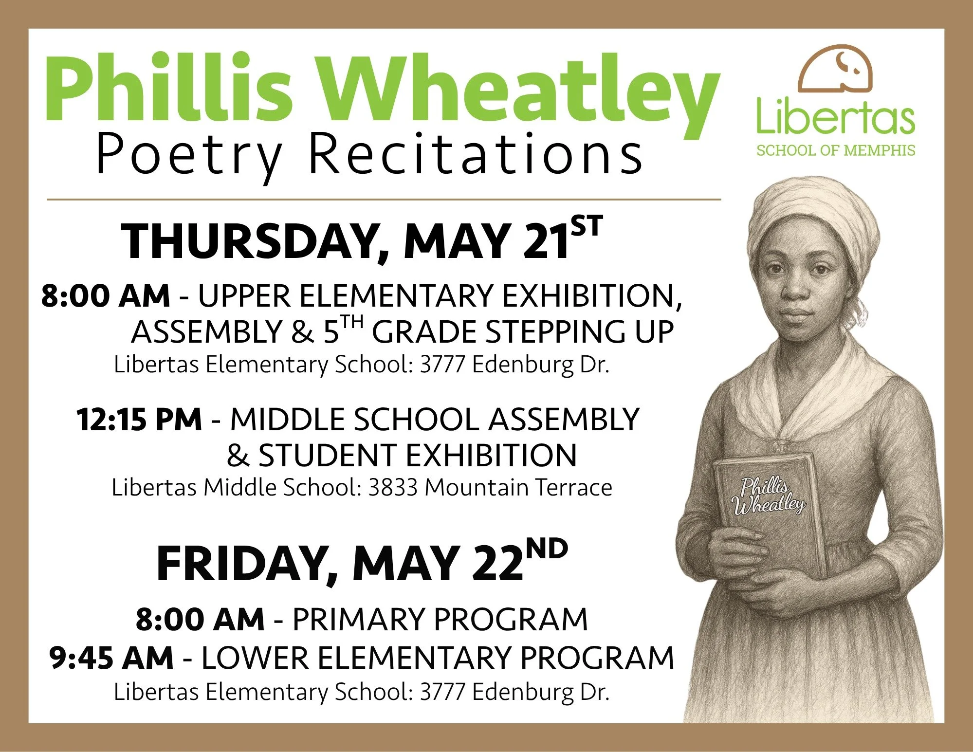 Join us for the Phillis Wheatley Poetry Recitations &mdash; a celebration of student voice, achievement, and the end of an incredible year. 

Events span both campuses across May 21 and 22, with programs for every grade level from Primary through Mid