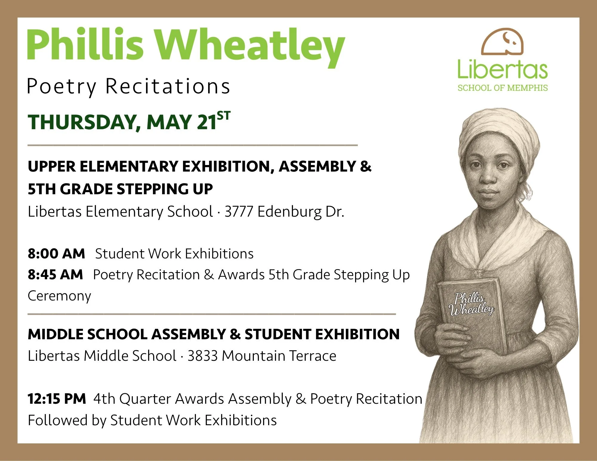 Join us tomorrow, Thursday, May 21st, for a special morning and afternoon for our upper elementary and middle school students and families. 🌱

For our Primary &amp; Lower Elementary families: don't miss our Phillis Wheatley performances on Friday, M