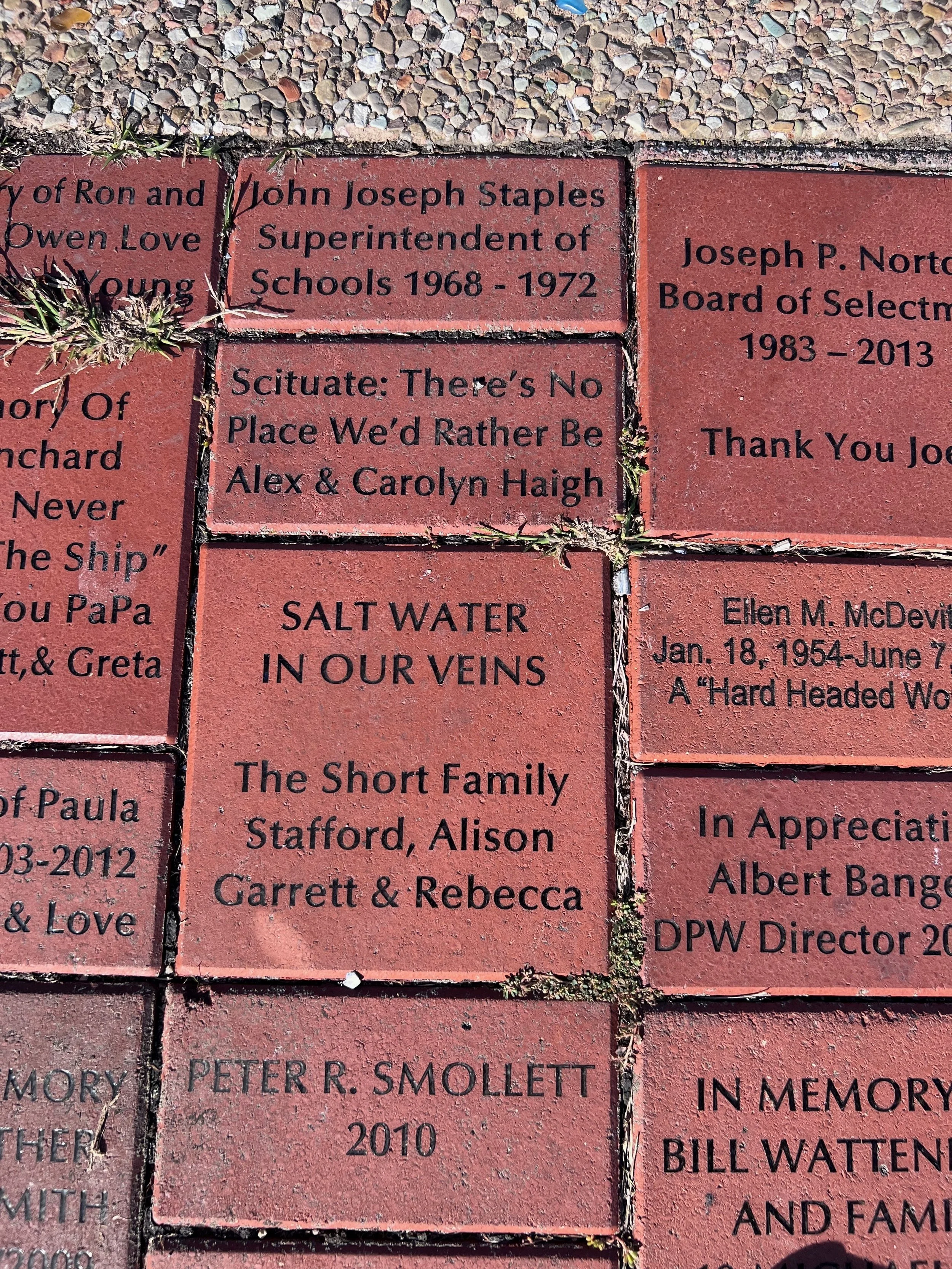 The words "Salt Water in our veins" on a donor brick among other bricks donated by donors