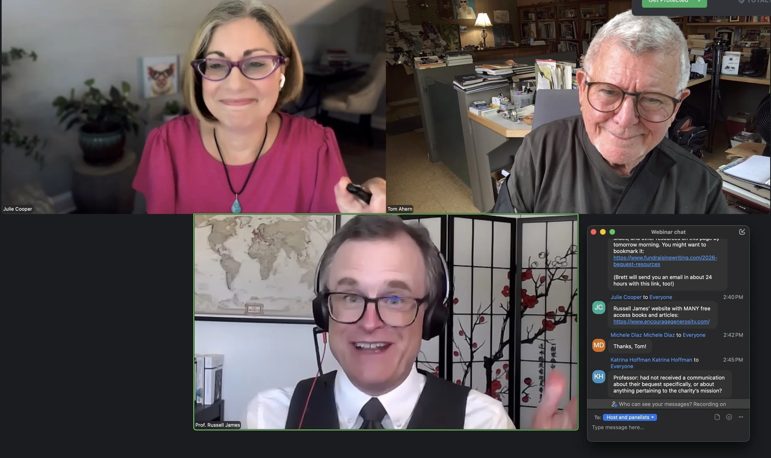 Zoom screen with Julie Cooper, Tom Ahern, and Russell James