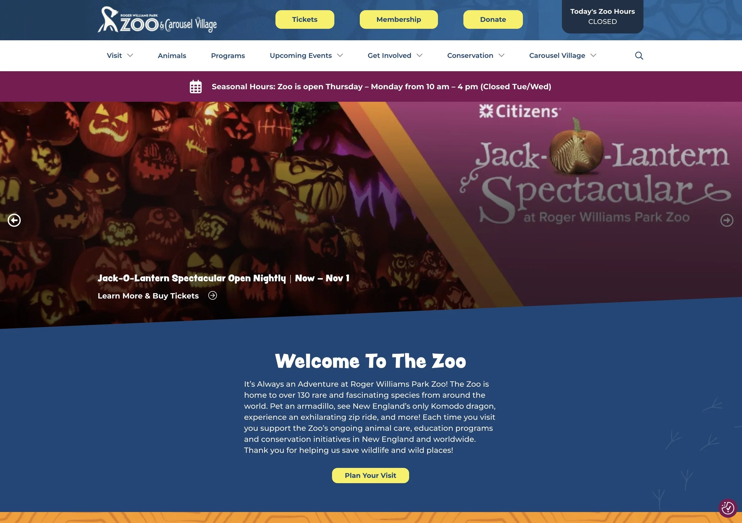 a screenshot of the zoo's home page. Top has an ad for their Jack-o-Lantern Spectacular. Under that is a paragraph welcoming the reader to the zoo. It starts with, "It's always an adventure at the Roger Williams Park Zoo!