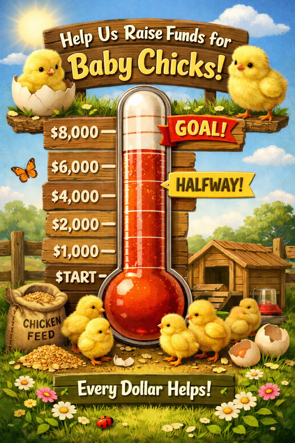 ai generated baby chicks graph showing the org's goal and that they are halfway there