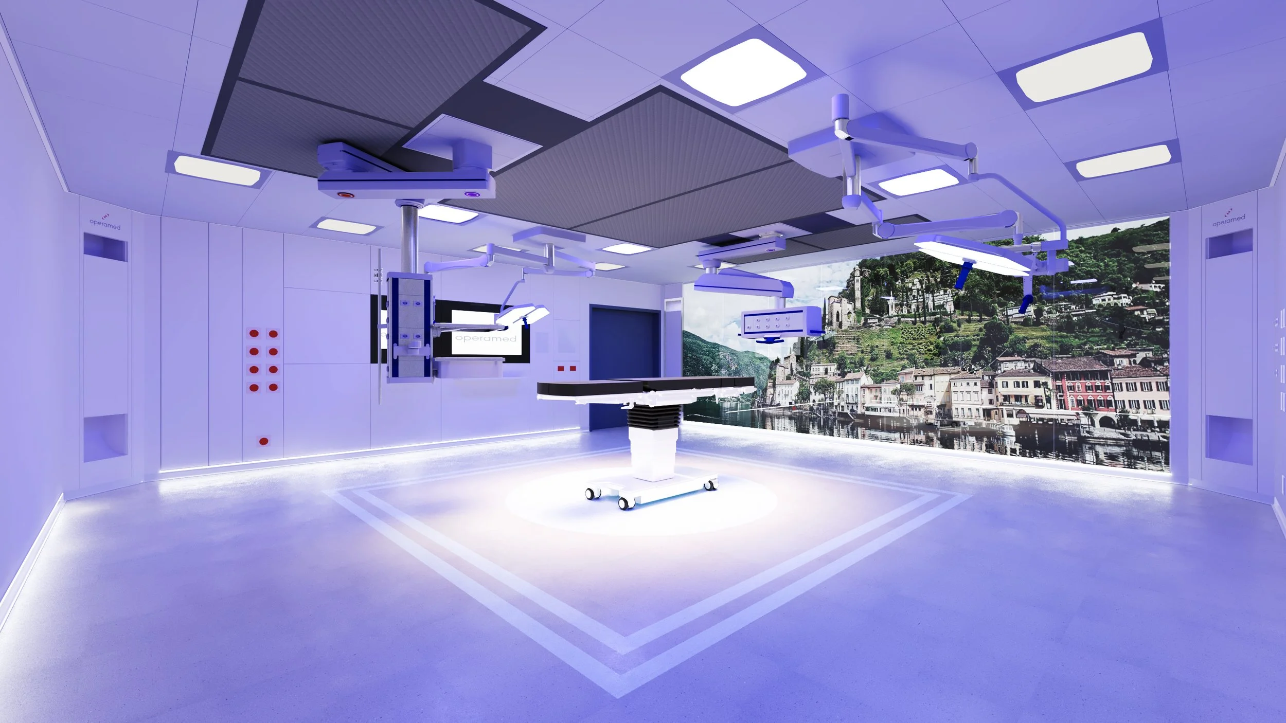 Sala operatoria moderna e luminosa con luci a LED, apparecchiature mediche sospese e fine di montaggio chirurgico, finestra con vista su un paesaggio urbano e colline.