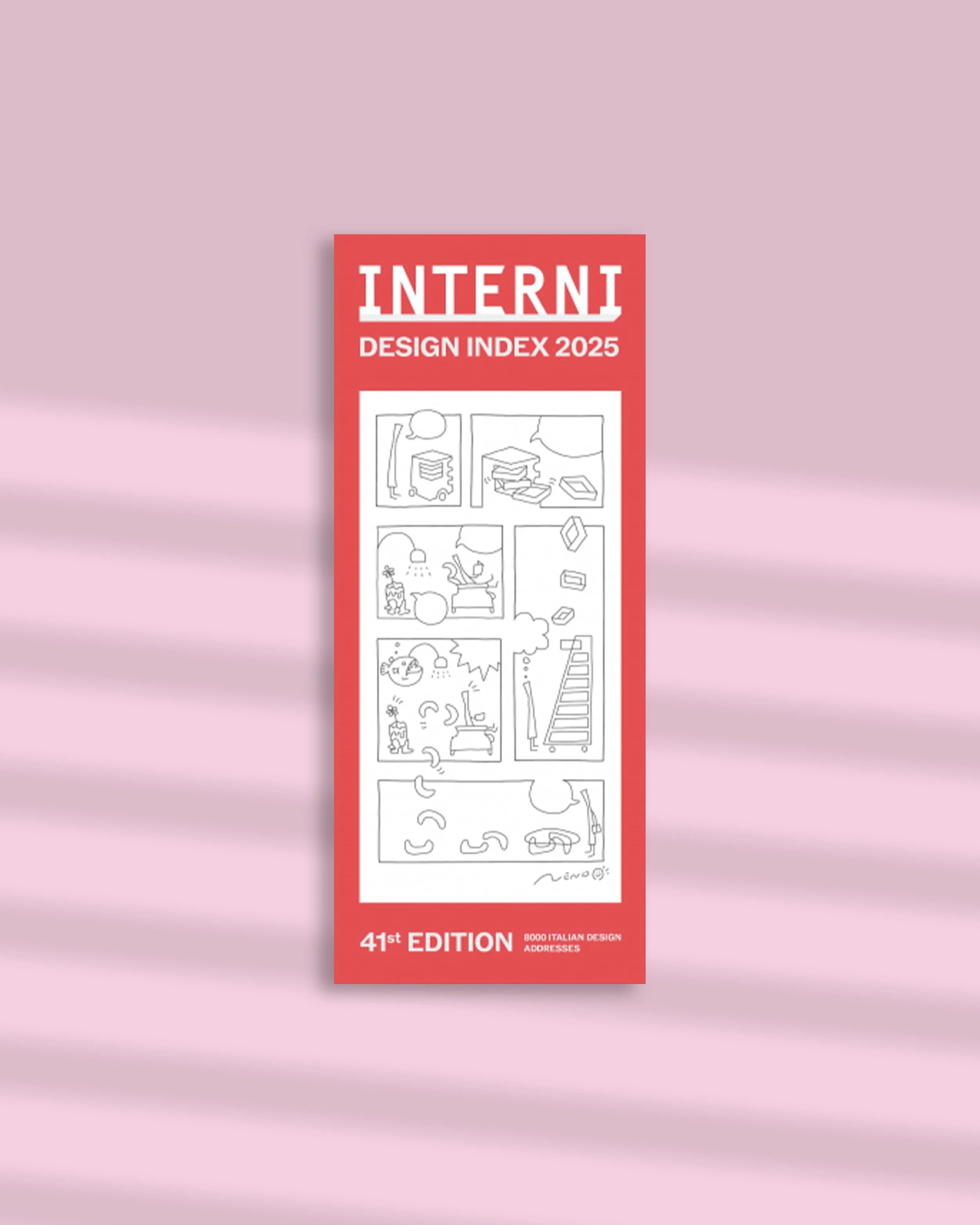 Copertina di una rivista con il titolo 'Interni Design Index 2025', sfondo rosa con ombra e disegno di schizzi di design in bianco e nero.