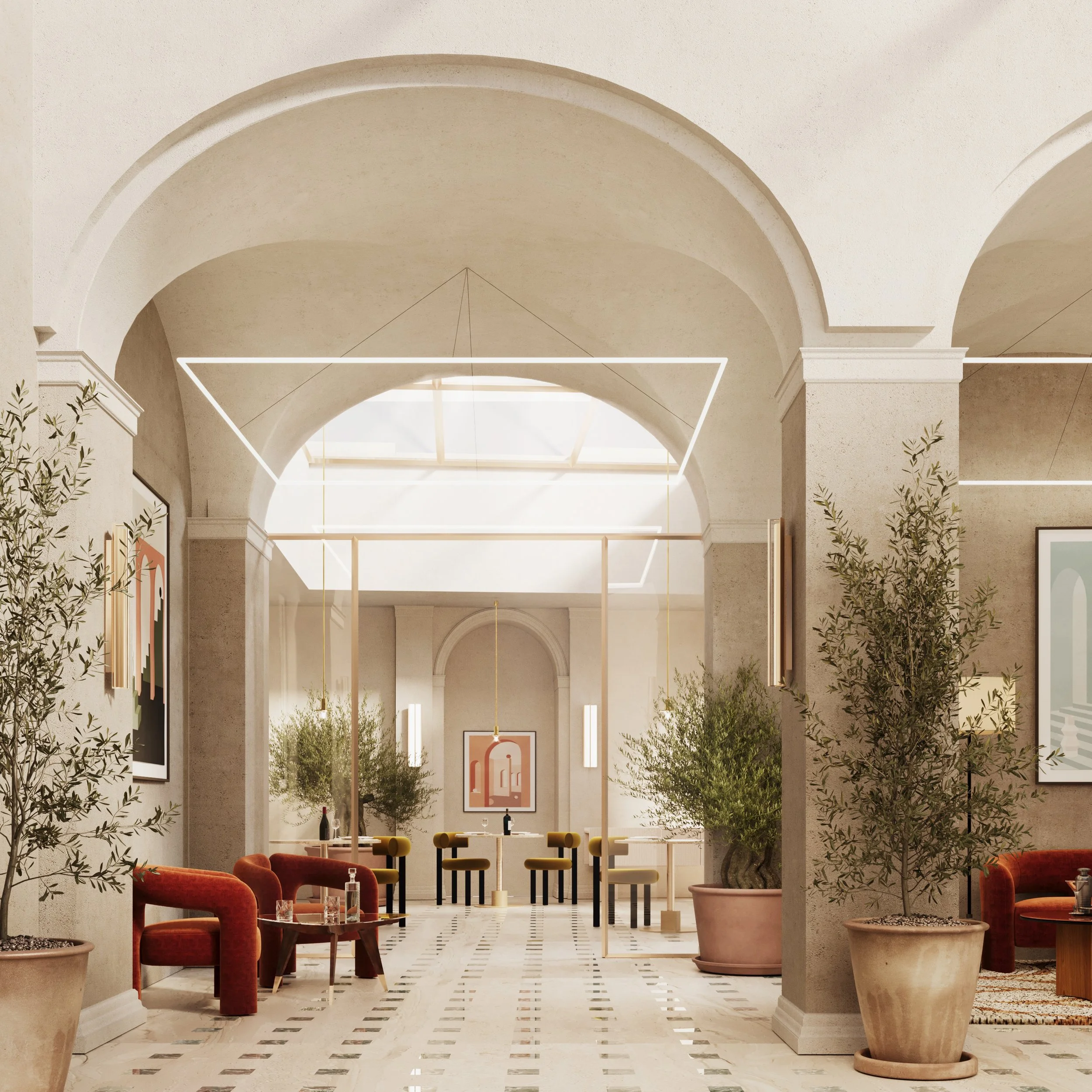 Interno di un elegante salotto con pareti di tonalità beige, piante in vasi grandi, sedie di colore rosso e tavolini, decorato con quadri e illuminazione moderna.