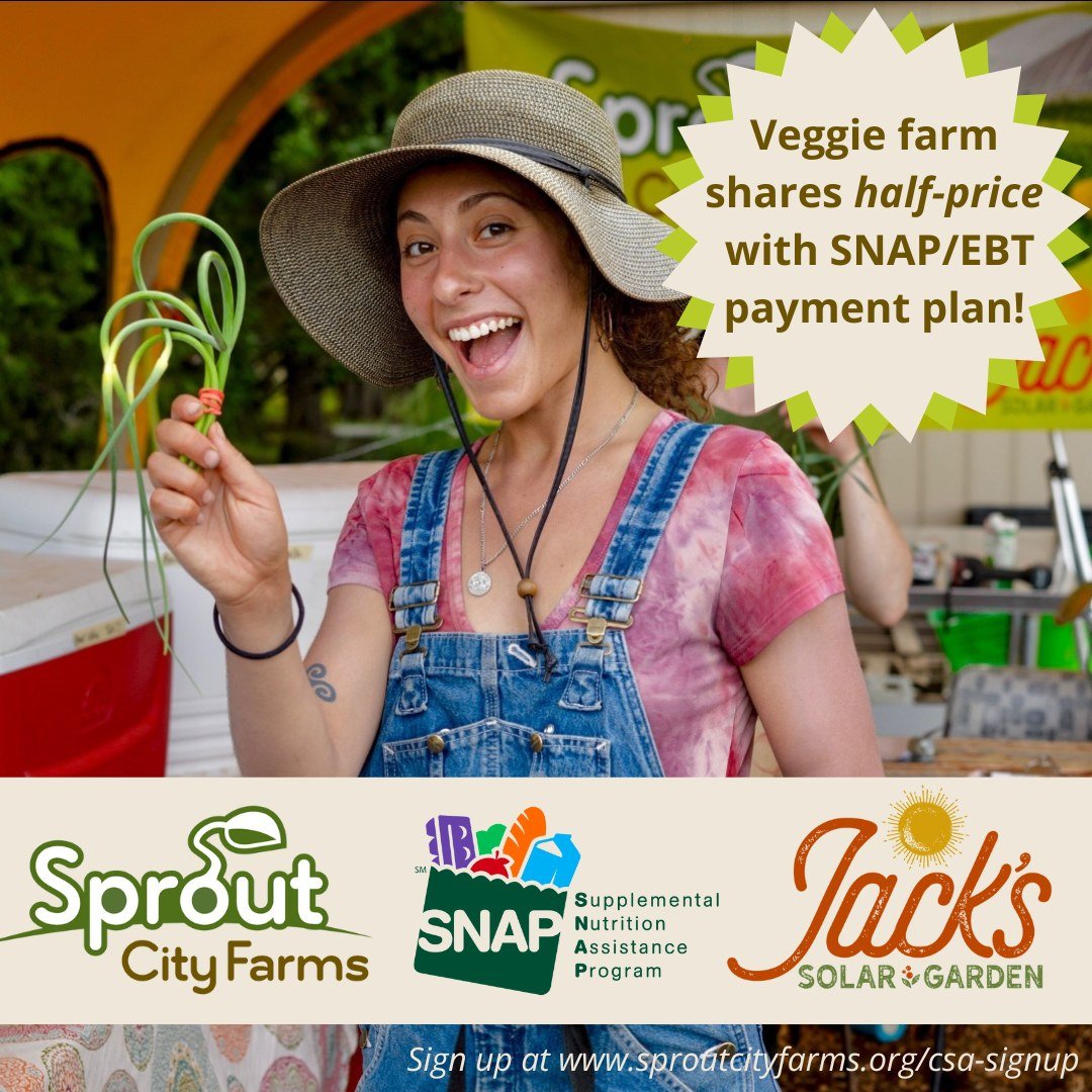The farm at Jack's Solar Garden is offering half-price CSA shares for folks with SNAP benefits! 

Thanks to Sprout City Farms' partnership with Double Up Food Bucks, every dollar goes twice as far - now including for CSA shares! Jack's Solar Farm is 