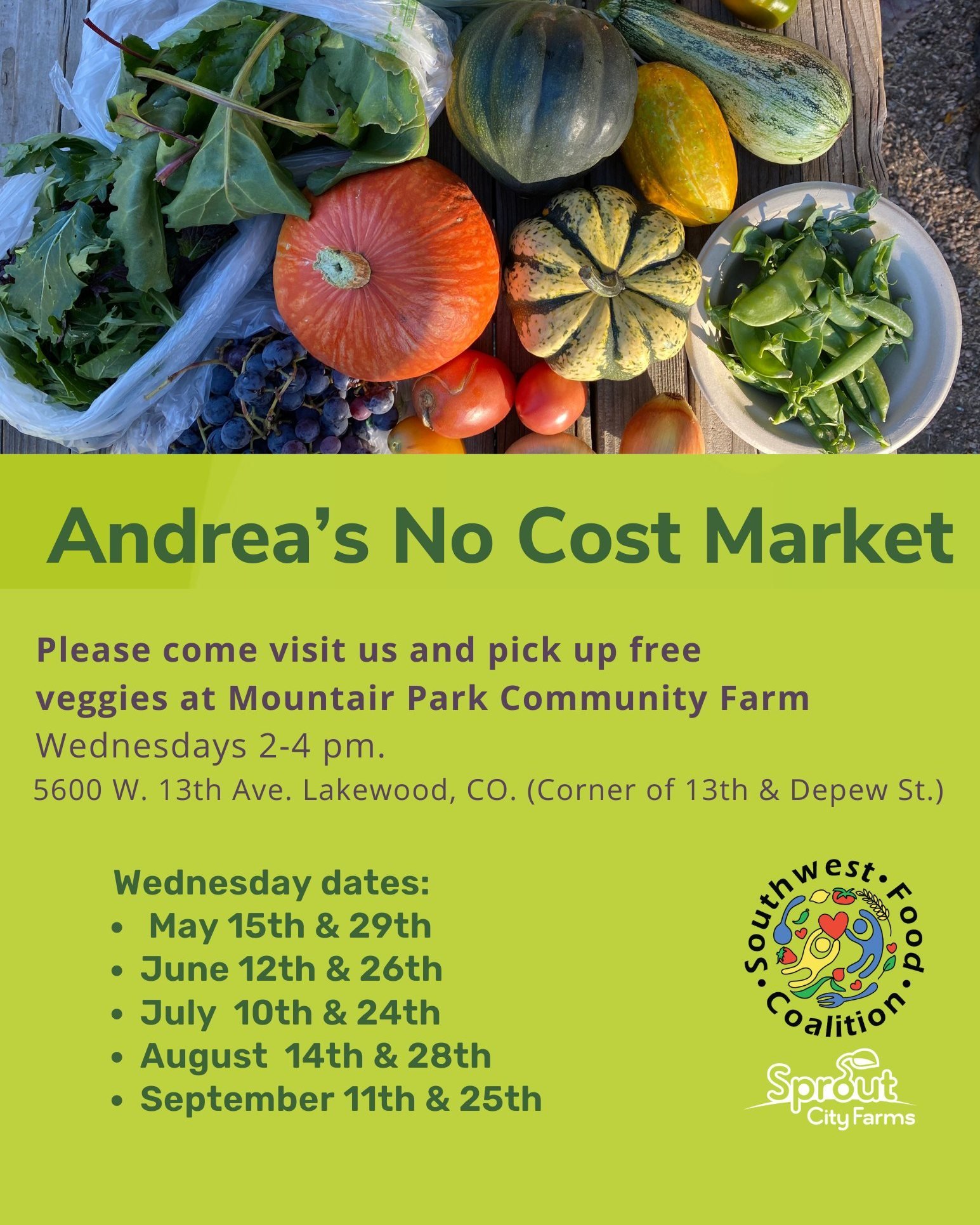 We're so excited to be partnering with @southweest_food_coalition to host Andrea's No Cost Market at Mountair Park Community Farm this season - starting NEXT WEDNESDAY!!! 

As you may have noticed, we haven't been posting too much about Mountair Park