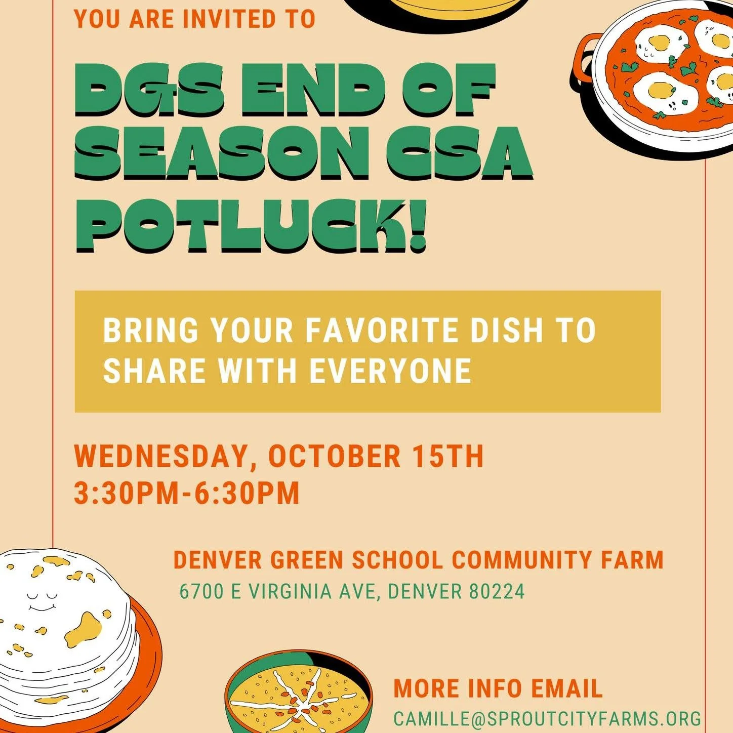 SE Denver and @denvergreenschool community, join us next Wednesday for an end of season community potluck on the DGS Community Farm to celebrate the season together! 
#community #potluck #endofseason #happyfall